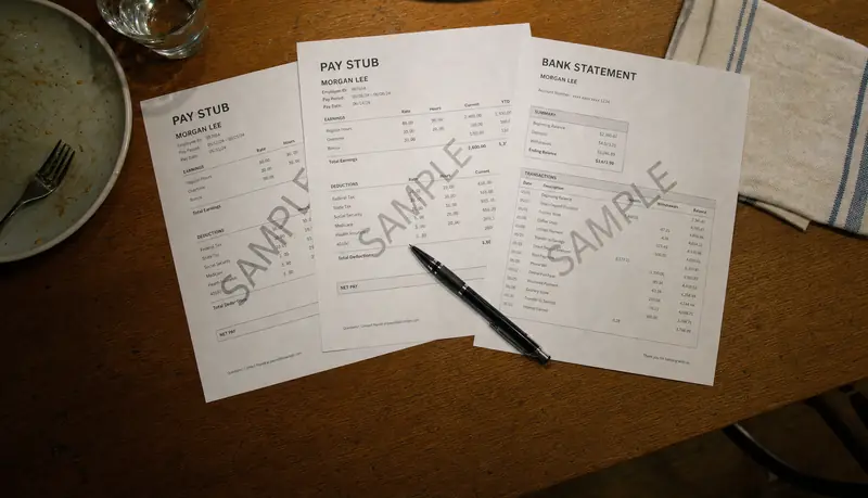Two sample pay stubs and a sample bank statement on a kitchen table, with a pen.