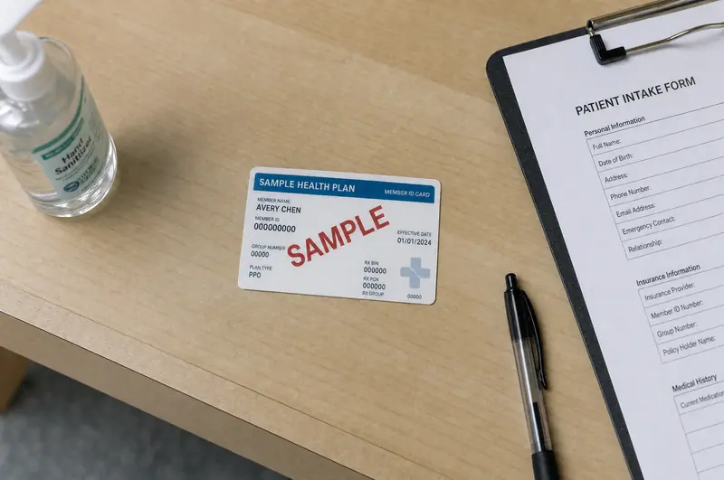 A sample health plan member card on a reception desk, next to a pen and a clipboard with a patient intake form.