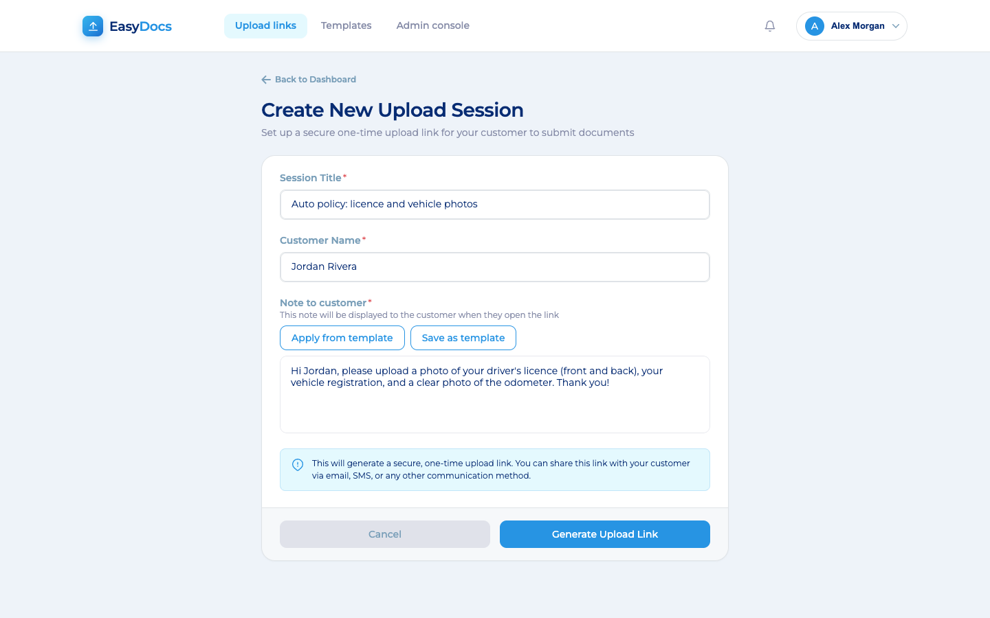 Creating an upload request in EasyDocs: a title, the customer's name, a note to the customer and buttons to apply or save a template