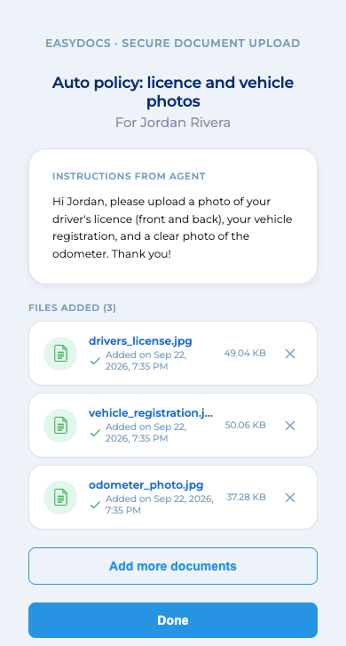 The EasyDocs upload page on the customer's phone: the request title, the note from the agent, and three files added, each checked off