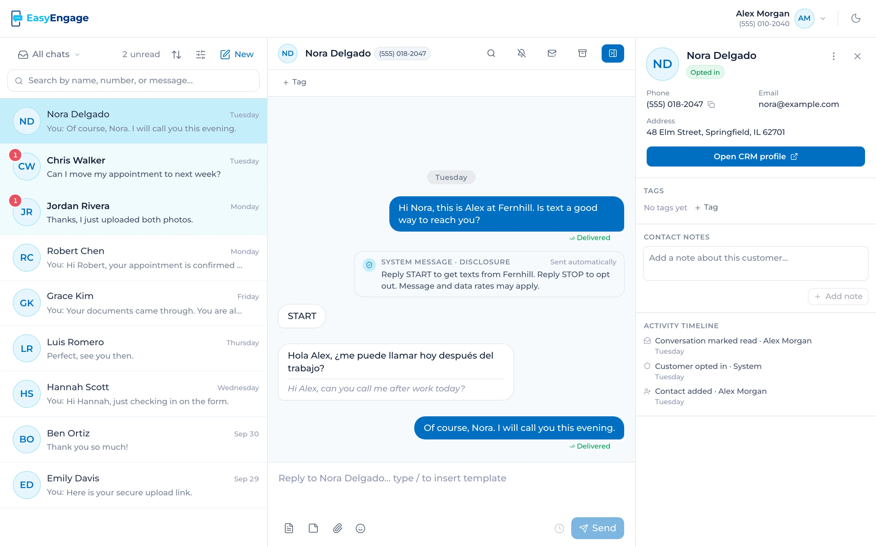 EasyEngage contact panel for Nora Delgado, Opted in, with phone, email and address, and an Open CRM profile button