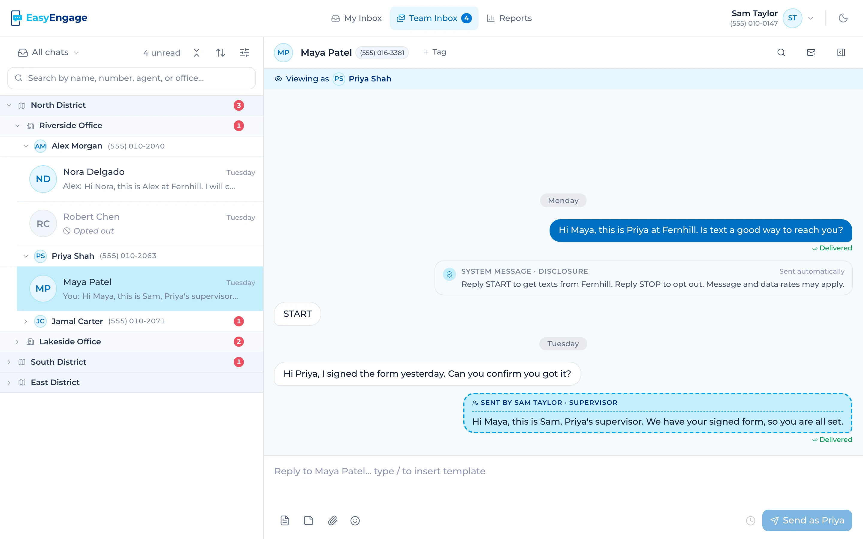 EasyEngage Team Inbox for supervisor Sam Taylor. Conversations are grouped by district, office and agent with unread counts. Maya Patel’s chat is open, viewed as agent Priya Shah. The latest reply is marked Sent by Sam Taylor, Supervisor, and the reply button reads Send as Priya.