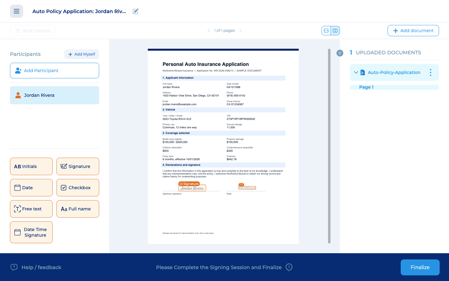 Preparing a signing package in EasyInk with signature and date fields placed on the document