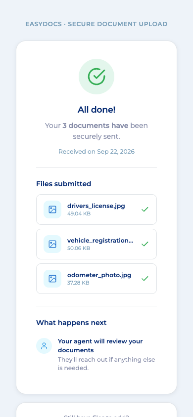 The EasyDocs confirmation screen on the customer's phone, listing the three files they sent